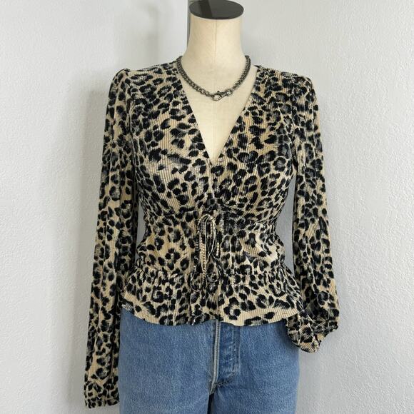 Zara Leopard Animal Print Blouse Puff Long Sleeve V-Neck Size Small - Picture 3 of 6